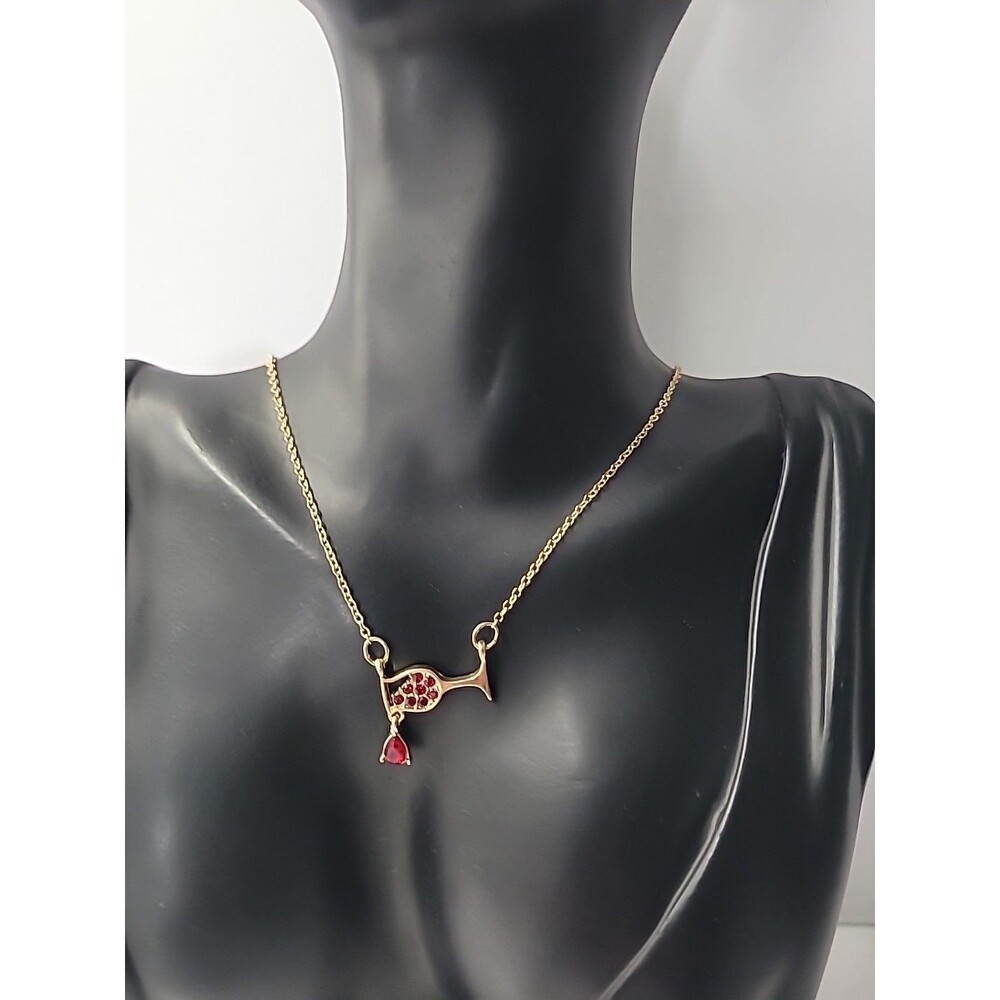 Gold Tone‎ Wine Glass Necklace Red Rhinestone Crystal Wine Lover Pendant Jewelry